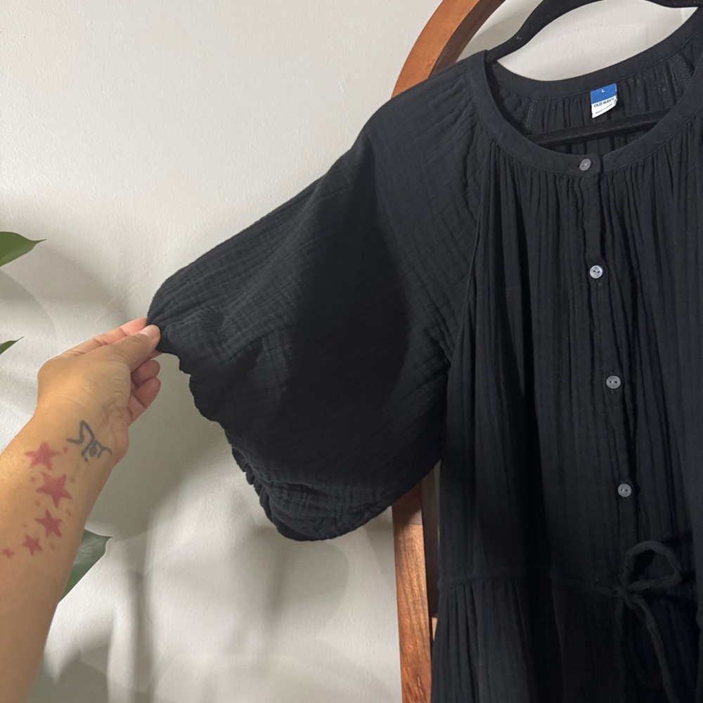 Old Navy LARGE Black Waist Defined Puff Sleeve Cotton Gauze Dress - Picture 3 of 12